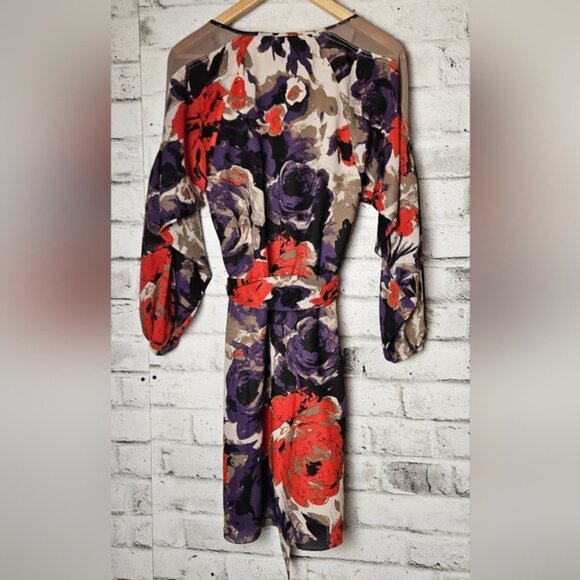 Nine West Floral Chiffon Dress – Size 2 Belted Sheer Sleeve Cocktail Dress - Picture 2 of 9